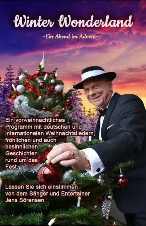 „Winter Wonderland Weihnachtsshow mit Jens Sörensen und Sängerin – festliche Live-Musik mit Swing im Bigbandstil und Weihnachtsliedern auf der Bühne, perfekt für Firmenfeiern und Weihnachtsmärkte