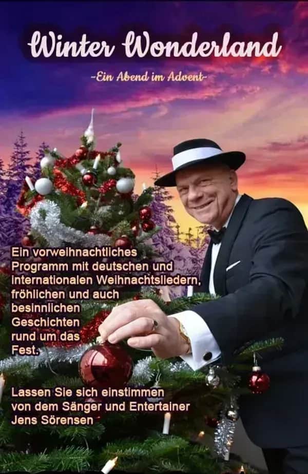 „Winter Wonderland Weihnachtsshow mit Jens Sörensen und Sängerin – festliche Live-Musik mit Swing im Bigbandstil und Weihnachtsliedern auf der Bühne, perfekt für Firmenfeiern und Weihnachtsmärkte